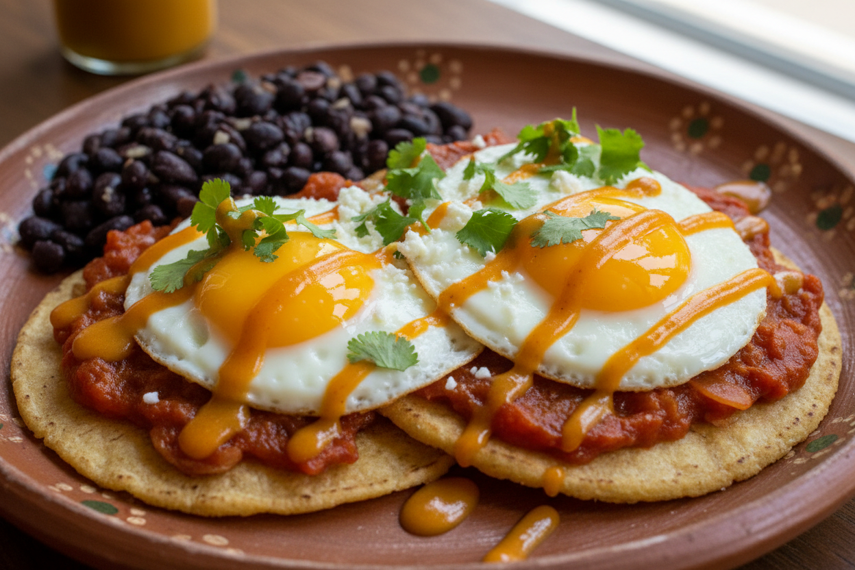 huevos rancheros with mango habanero hot sauce