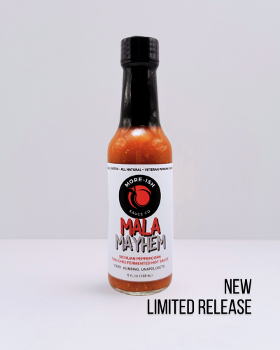 Bottle of More-ish Sauce Co. Mala Mayhem fermented Sichuan hot sauce made with Thai chilis, red Serrano peppers, black garlic, garlic, onions, and Sichuan peppercorns.